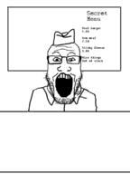 clothes glasses hat open_mouth restaurant soyjak stubble text variant:markiplier_soyjak // 600x799 // 50.0KB