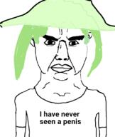 angry arm closed_mouth clothes crystal_cafe ear femoid front_facing green_hair green_hat lips looking_at_you soyjak subvariant:chudjak_front text thick_eyebrows torso variant:chudjak white_shirt // 701x832 // 109.2KB