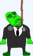 arm bloodshot_eyes central_intelligence_agency clothes federal_bureau_of_investigation full_body glasses glowing glownigger green_skin hand hanging leg mustache rope scholar shoe soyjak stubble subvariant:scholar suicide transparent trend:glowie variant:gapejak // 415x713 // 107.4KB