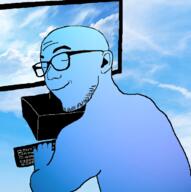 arm blue_skin calm closed_eyes closed_mouth computer ear glasses hand irl_background screen sky smile soyjak stubble variant:zoomer_on_computer // 696x701 // 361.1KB