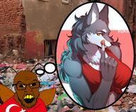 anthro asena bug furry irl_background meta:countrywars thought_bubble trash turkiye turkroach tvrkaryan variant:feraljak wolf yellow_teeth // 3528x2928 // 6.4MB