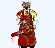 apron arm blood chainsaw clothes ear holding_chainsaw holding_object mask open_mouth soyjak stubble subvariant:feral_meowjak variant:feraljak // 1185x1046 // 280.6KB