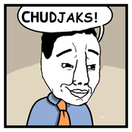 blue_shirt closed_mouth clothes looking_to_the_right no_glasses series:soyjaks? soyjak speech_bubble stonetoss suit text variant:chudjak white_skin // 500x500 // 93.1KB