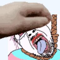 animated bloodshot_eyes crying flag flag:transgender_pride_flag glasses hair hand hanging mustache open_mouth pat purple_hair rope soyjak stubble suicide tongue tranny variant:bernd yellow_teeth // 112x112 // 34.3KB