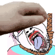 animated bloodshot_eyes crying flag flag:transgender_pride_flag glasses hair hand hanging mustache open_mouth pat purple_hair rope soyjak stubble suicide tongue tranny variant:bernd yellow_teeth // 112x112 // 34.3KB