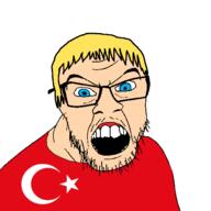 blue_eyes clothes country flag flag:turkiye glasses hair open_mouth soyjak stubble turkiye variant:feraljak white_skin yellow_hair // 1500x1500 // 150.0KB