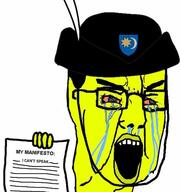 angry bloodshot_eyes chud clothes crying glasses hand hat holding_object hungary manifesto soyjak szekely text transylvania variant:chudjak yellow_skin // 509x540 // 44.3KB