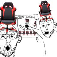 3soyjaks arm chair doctor dr_sprokeberg ear gamer_chair glasses hand open_mouth pointing soyjak stubble surgery text variant:markiplier_soyjak variant:two_pointing_soyjaks // 1330x1335 // 418.0KB