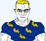 animal arm aryan bird blue_eyes british buff closed_mouth clothes ear england eyes_like_the_o-o-cean flag flag:sussex glasses hair soyjak subvariant:chudjak_front subvariant:muscular_chud sussex tshirt united_kingdom variant:chudjak vein yellow_hair // 1059x929 // 149.5KB