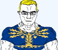 arm aryan blekinge blue_eyes buff closed_mouth clothes country county ear flag flag:blekinge glasses hair plant soyjak subvariant:chudjak_front subvariant:muscular_chud sweden transparent_background tree tshirt variant:chudjak vein yellow_hair // 1059x929 // 137.3KB