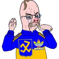 adidas animal arm bloodshot_eyes brown_hair clothes crying glasses hand hohol mustache pig swastika ukraine variant:chudjak // 833x839 // 296.1KB