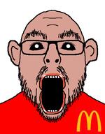 amerimutt black_sclera clothes ear glasses mcdonalds mustache open_mouth red_shirt soyjak stubble variant:flartson // 410x524 // 25.3KB