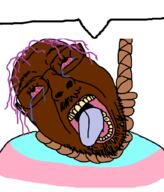 black_skin bloodshot_eyes crying glasses hair hanging mustache open_mouth purple_hair rope soyjak speech_bubble speech_bubble_empty stubble suicide tongue tranny variant:bernd yellow_teeth // 768x900 // 20.8KB