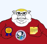 fat glasses red_tshirt soyjak_party_emblem sticky_note subvariant:branigger variant:brandon yellow_hair // 1674x1582 // 251.8KB