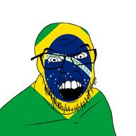 angry brazil country flag flag:brazil glasses looking_at_you mustache open_mouth portuguese_text soyjak star_(symbol) stubble teeth text variant:feraljak // 1500x1500 // 52.1KB