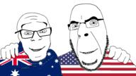 2soyjaks australia clothes country flag flag:australia flag:united_states friendship glasses hand happy looking_at_you no_more_brother_wars smile soyjak star_(symbol) stubble united_states variant:cobson variant:feraljak // 1920x1080 // 251.1KB