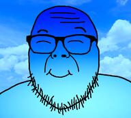 blue blue_skin calm closed_eyes glasses happy open_mouth sky smile soyboy stubble variant:joejak wrinkles // 553x497 // 153.3KB