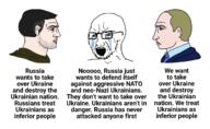 bloodshot_eyes closed_mouth clothes crying ear glasses hair meme mustache nato nordic_chad open_mouth russia russo_ukrainian_war soyjak stubble text ukraine variant:soyak vladimir_putin volodymyr_zelenskyy // 1567x960 // 458.9KB