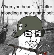 closed_mouth clothes combat_helmet firearm glasses gun helmet history irl_background nazism schutzstaffel smug soyjak text variant:chudjak weapon // 1062x1076 // 285.5KB