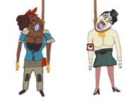 2soyjaks bloodshot_eyes clothes crying dark_skin full_body glasses hanging hat molly_(skullgirls) open_mouth rope roxie_(skullgirls) skullgirls soyjak stubble tongue variant:bernd yellow_teeth // 1412x1080 // 358.1KB