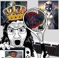 animal batman_(series) clothes crown furry glasses hair hand hat holding_object joker_(dc) keyboard meta:tagme nato nintendo nintendo_switch open_mouth soyjak squirrel stubble subvariant:feralsquirrel tennis variant:feraljak variant:stopnatojak video_game // 1282x1263 // 1.4MB
