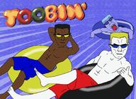 3soyjaks atari bif black_skin blue_skin closed_mouth drowning floatation_device flotsam glasses jet open_mouth river shirtless smug subvariant:chudjak_front subvariant:muscular_chud sunglasses text toobin variant:bernd variant:chudjak video_game // 2048x1481 // 3.7MB