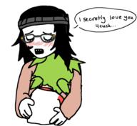 4chan 4cuck anime beanie blush female green_hair hair hugging love necklace open_mouth sad soyjak speech_bubble text variant:soytan yotsoyba yuri // 593x546 // 96.0KB