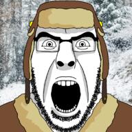 angry artist:doddermod clothes glasses hat irl_background jacket open_mouth shadow snow stubble subvariant:cobson_front2 thick_eyebrows tree ushanka variant:cobson white_eyes // 820x820 // 506.7KB