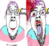 2soyjaks blood bloodshot_eyes closed_mouth clothes distorted flag glasses gun hair murder mustache open_mouth purple_hair smile soyjak stubble suicide tongue tranny variant:bernd // 722x689 // 543.1KB