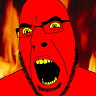 angry demon fire glasses hell red_skin soyjak stubble variant:cobson yellow_eyes yellow_sclera yellow_teeth // 721x720 // 244.4KB