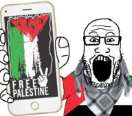 arm flag:palestine free_palestine glasses hand holding_object holding_phone iphone open_mouth palestine phone scarf soyjak stubble subvariant:phoneplier subvariant:phoneplier_vertical template variant:markiplier_soyjak // 761x664 // 572.3KB