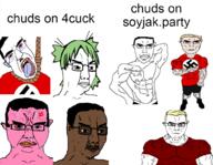 4chan acne anger_mark angry anime arm black_skin bloodshot_eyes buff closed_mouth clothes crying ear glasses green_hair hair hand hanging leg millions_must_die multiple_soyjaks nazism pink_skin rope soyjak soyjak_party stubble subvariant:chudjak_front subvariant:muscular_chud subvariant:unbotheredchud suicide swastika tshirt variant:chudjak vein white_skun yellow_hair yellow_sclera yellow_teeth yotsoyba // 1012x784 // 344.7KB
