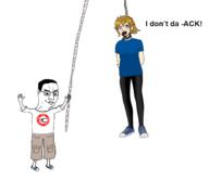 arm aspie closed_mouth clothes female full_body glasses hair hand hands_up holding_object leg nazism pol_(4chan) rope soyjak text tshirt variant:chudjak // 705x608 // 94.0KB