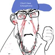 blood bloodshot_eyes cap closed_mouth clothes crying ear frown glasses hand hat mental_illness mental_illness_denier nosebleed sad schizo schizophrenia soyjak stubble subvariant:feralrage thumbs_down variant:feraljak // 894x894 // 287.7KB