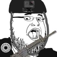 beard brenton_tarrant camera christchurch_shooting clothes ear firearm glasses hat helmet open_mouth shooter sonnenrad soyjak variant:fatjak weapon white_supremacist // 1080x1080 // 510.6KB
