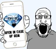 2soyjaks arm clothes gem gem_skin glasses hand holding_object holding_phone iphone open_mouth phone soyjak stubble subvariant:phoneplier subvariant:phoneplier_vertical text tshirt variant:markiplier_soyjak variant:soyak // 680x593 // 263.6KB