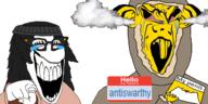 2soyjaks antiswarthy_(namefag) beanie buck_teeth clothes crying ear glasses hair meta:pornographic_content open_mouth penis pointing pointing_at_viewer soyjak teeth text variant:soytan yellow_skin // 1600x800 // 558.9KB
