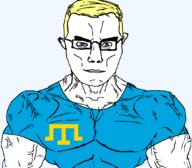 arm blue_eyes buff closed_mouth clothes crimean_tatar flag flag:crimean_tatar glasses hair soyjak subvariant:chudjak_front subvariant:muscular_chud tshirt variant:chudjak vein white_skin yellow_hair // 1059x929 // 66.0KB