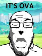 ai_generated anime closed_eyes closed_mouth drawn_background frown glasses grass its_over lips ova pun soyjak stubble text variant:markiplier_soyjak // 600x800 // 360.5KB