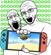 bald gape glasses greentext holding_object mario mario_kart nintendo nintendo_switch nintendo_switch_2 stubble variant:markiplier_soyjak variant:soyak video_game // 1184x1270 // 317.7KB
