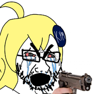 bloodshot_eyes crying female firearm glasses gun hair holding_gun holding_object holding_pistol knowyourmeme open_mouth pistol soyjak stubble thick_eyebrows variant:cryboy_soyjak yellow_hair // 1024x1000 // 430.8KB