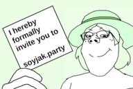 closed_mouth clothes crystal_cafe female glasses hair hat invite smile soyjak_party subvariant:gapejak_female text variant:gapejak // 640x427 // 178.4KB