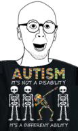 autism clothes dab ear glasses open_mouth skeleton soyjak stubble text variant:turtlejak // 255x426 // 107.7KB