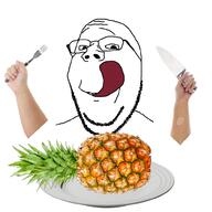 dreamstime_watermark eating food fork fruit glasses holding_knife holding_object irl knife licking_lips pineapple plate smile soyjak stock_image stock_image_watermark stubble subvariant:wholesome_soyjak tongue variant:gapejak watermark white_skin // 1000x1000 // 521.3KB