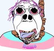 bloodshot_eyes bumo crying deformed flag glasses hanging purple_hair rope smile soyjak stubble suicide text tongue tranny variant:bernd yellow_teeth // 768x719 // 441.2KB