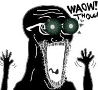 arm black_skin glasses glowing_eyes green_eyes hand hands_up inverted open_mouth soyjak stubble subvariant:waow subvariant:wewjak text thougher variant:soyak // 255x235 // 46.4KB