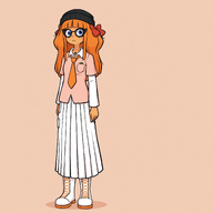 beanie blue_eyes boots bow closed_mouth clothes crossover full_body glasses hat looking_at_you mymy_(ongezellig) necktie ongezellig orange_hair orange_tie red_bow skirt variant:soytan // 2048x2048 // 2.9MB