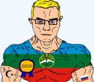 arm award blue_eyes buff caucasus closed_mouth clothes crescent eyes_like_the_o-o-cean flag flag:karachay-cherkessia flag:russia glasses hair islam karachay-cherkessia russia soyjak star_(symbol) star_and_crescent subvariant:chudjak_front subvariant:muscular_chud sun text transparent transparent_background tshirt variant:chudjak vein yellow_hair // 1059x929 // 86.6KB