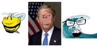 3soyjaks bee bug bwc closed_mouth clothes dubya flag:united_states george_bush_jr glasses necktie open_mouth pun sea subvariant:wholesome_soyjak suit variant:feraljak variant:gapejak variant:impish_soyak_ears water wave // 3000x1500 // 653.9KB