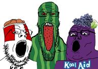 3soyjaks food fried_chicken fruit grape kfc kool-aid meta:tagme trend:soyjak_trio trio variant:gapejak variant:markiplier_soyjak variant:tony_soprano_soyjak watermelon // 500x351 // 124.4KB